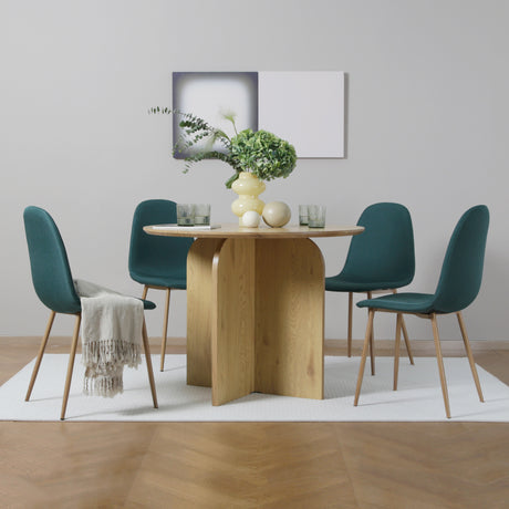 NYX Dining Set – Round Table in Wood Effect and x4 Linen Chairs