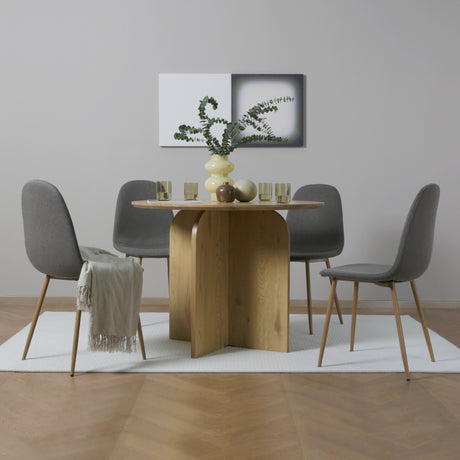 NYX Dining Set – Round Table in Wood Effect and x4 Linen Chairs