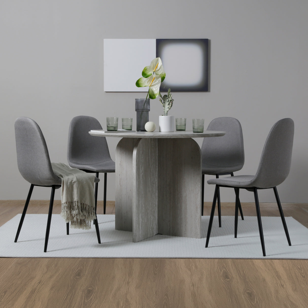 NYX Dining Set – Round Table in Stone Effect and x4 Linen Chairs