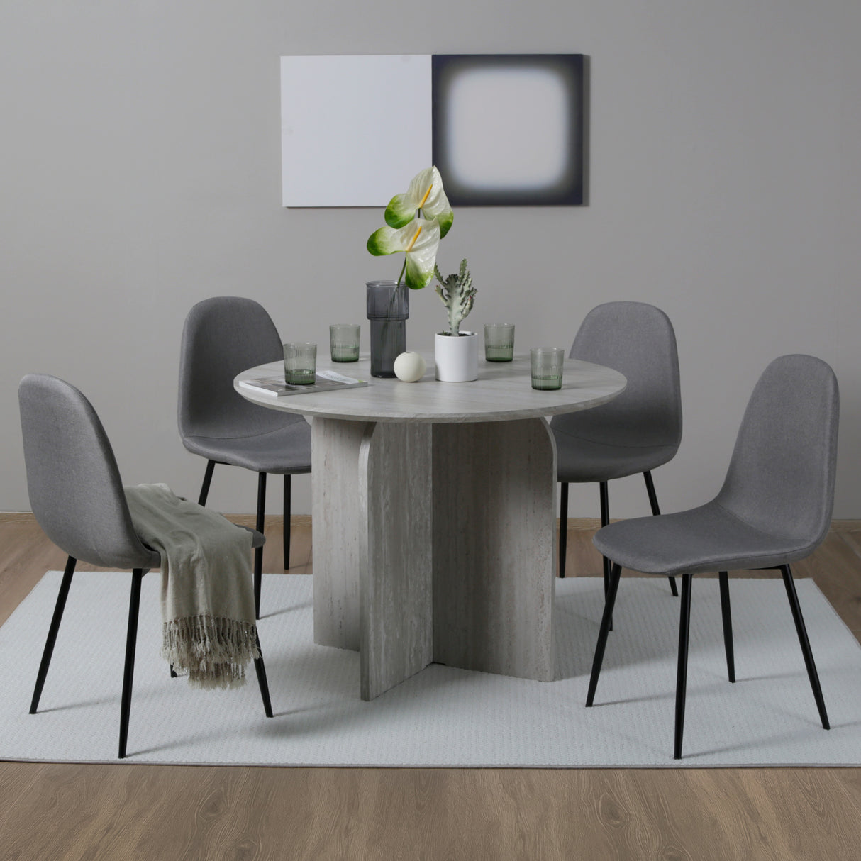 NYX Dining Set – Round Table in Stone Effect and x4 Linen Chairs