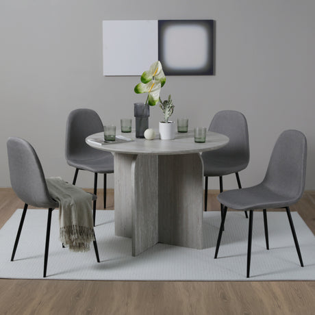 NYX Dining Set – Round Table in Stone Effect and x4 Linen Chairs