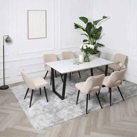 Thetis Dining Set - Marble Table with 6 Boucle Chairs