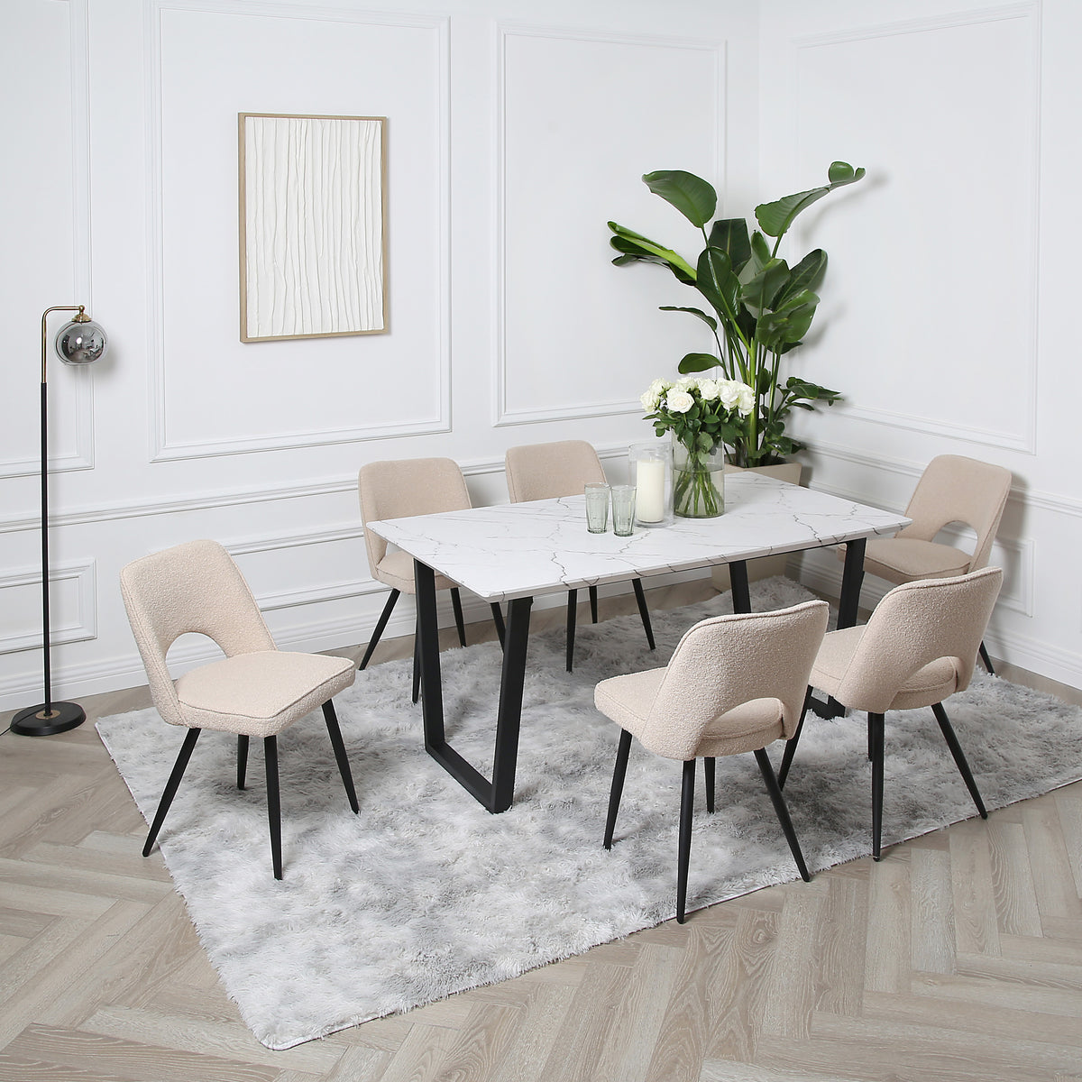 Thetis Dining Set - Marble Table with 6 Boucle Chairs