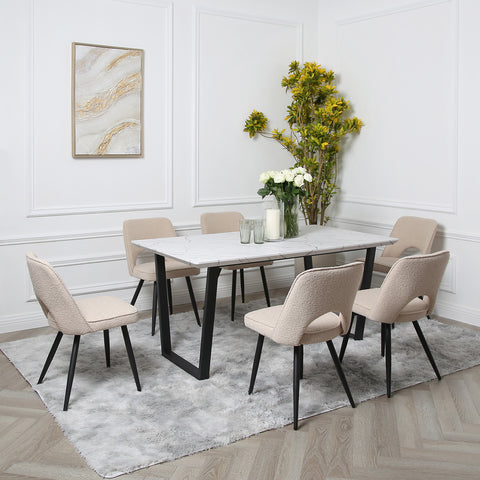 Thetis Dining Set - Marble Table with 6 Boucle Chairs