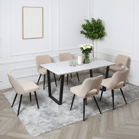 Thetis Dining Set - Marble Table with 6 Boucle Chairs