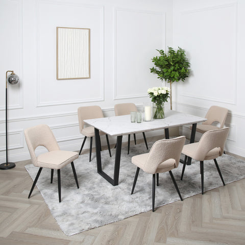 Thetis Dining Set - Marble Table with 6 Boucle Chairs