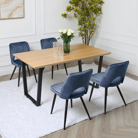 Metis Dining Set - Oak Table with 4 Velvet Chairs