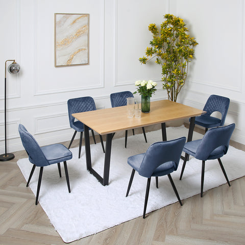 Metis Dining Set - Oak Table with 6 Velvet Chairs