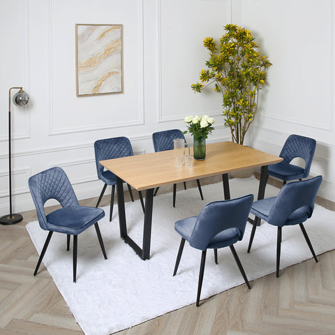 Metis Dining Set - Oak Table with 6 Velvet Chairs