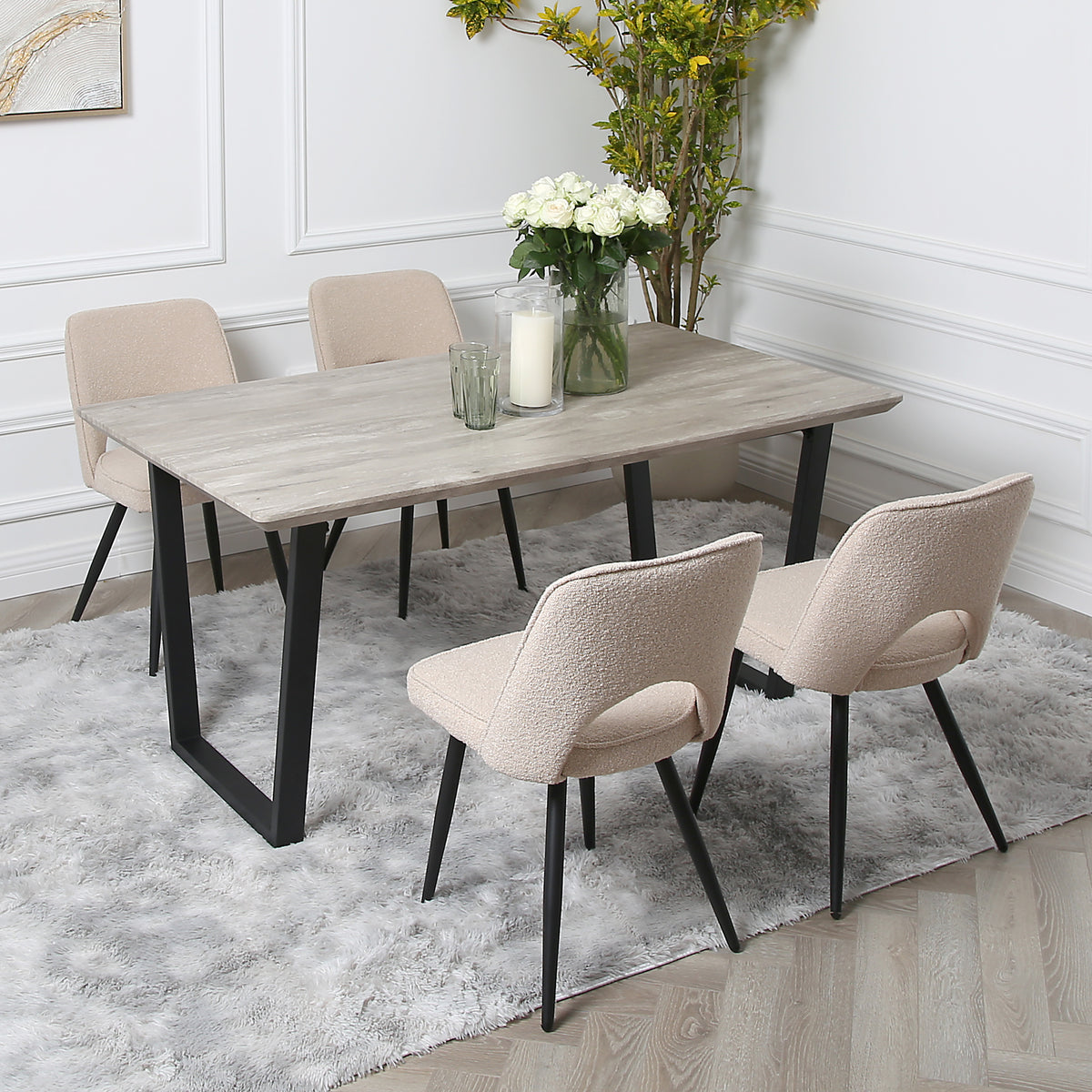 Thetis Dining Set - Wood-Effect Table with 4 Boucle Chairs