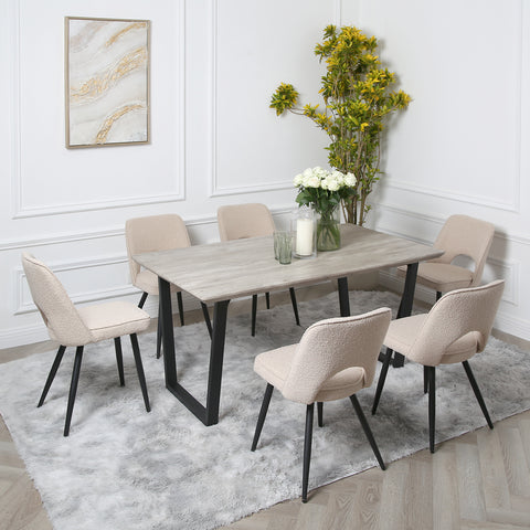 Thetis Dining Set - Wood-Effect Table with 6 Boucle Chairs