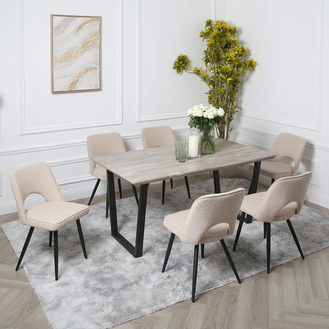 Thetis Dining Set - Wood-Effect Table with 6 Boucle Chairs