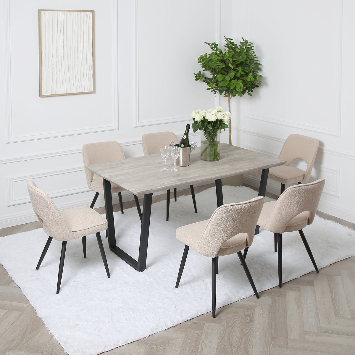 Thetis Dining Set - Wood-Effect Table with 6 Boucle Chairs