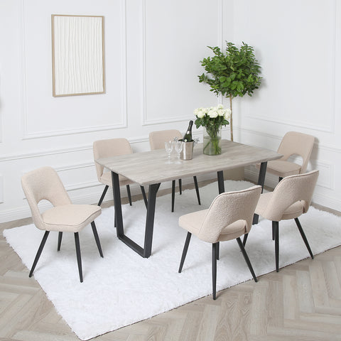 Thetis Dining Set - Wood-Effect Table with 6 Boucle Chairs