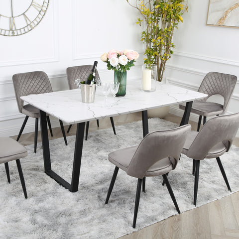 Metis Dining Set - Marble Table with 6 Velvet Chairs