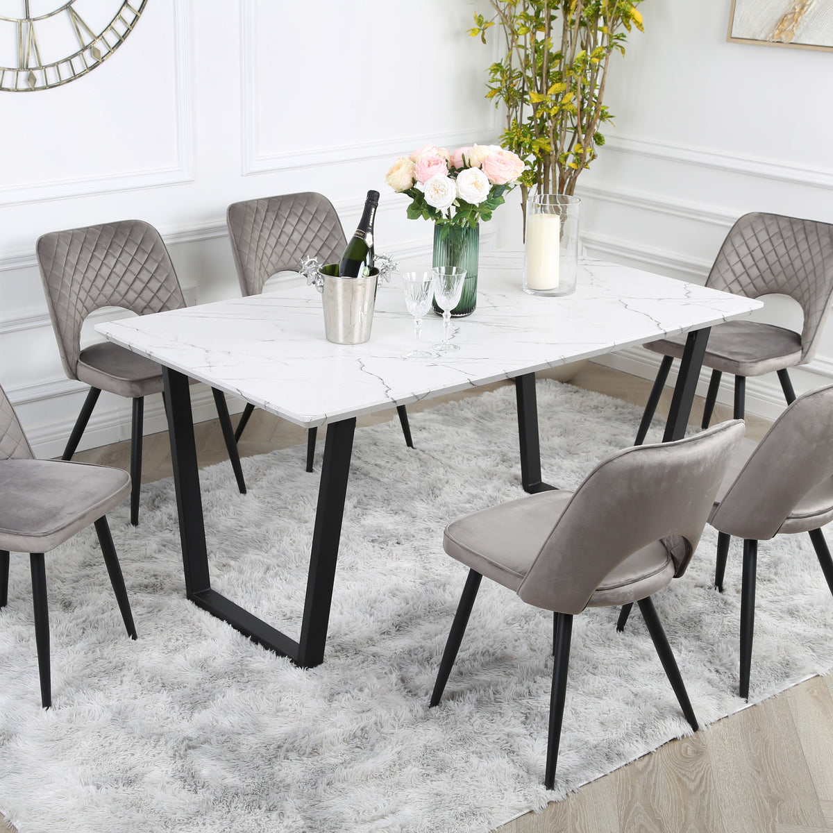 Metis Dining Set - Marble Table with 6 Velvet Chairs