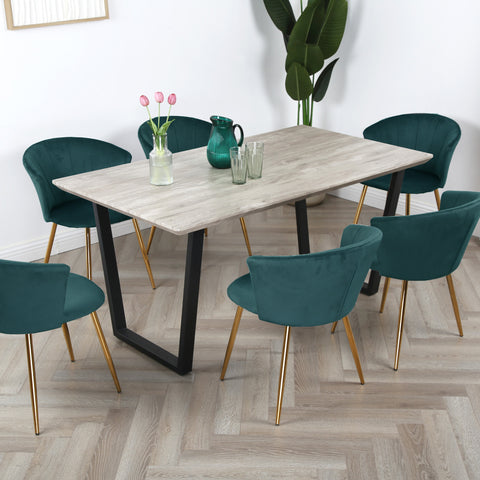 Mill Dining Set - Wood-Effect Table with 6 Velvet Chairs