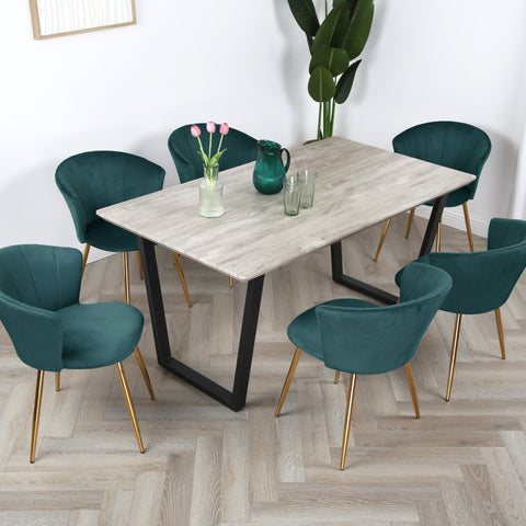 Mill Dining Set - Wood-Effect Table with 6 Velvet Chairs