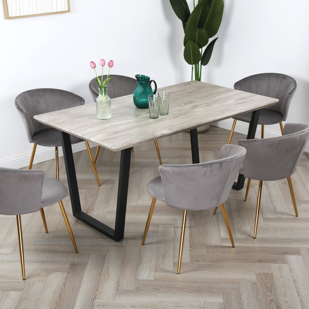 Mill Dining Set - Wood-Effect Table with 6 Velvet Chairs