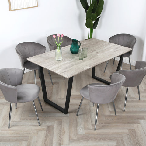 Mill Dining Set - Wood-Effect Table with 6 Velvet Chairs