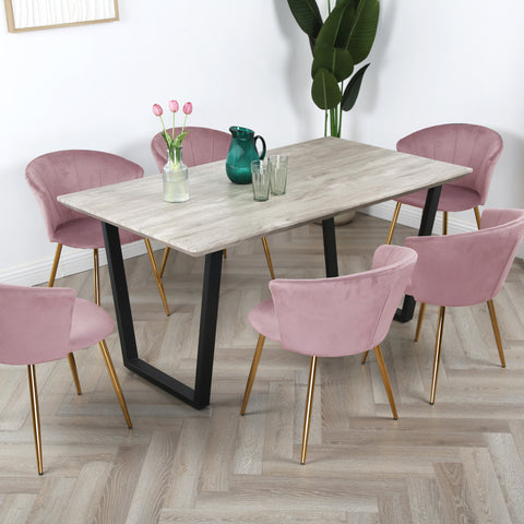 Mill Dining Set - Wood-Effect Table with 6 Velvet Chairs