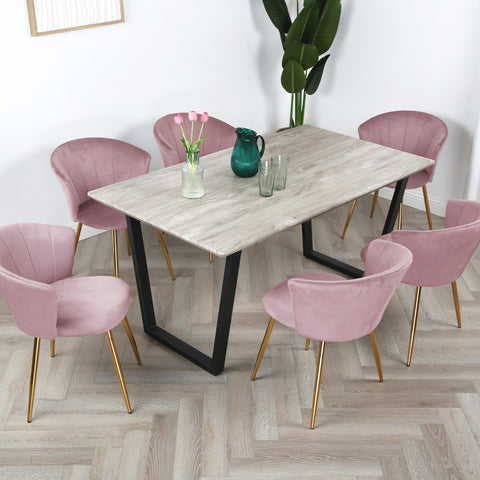 Mill Dining Set - Wood-Effect Table with 6 Velvet Chairs