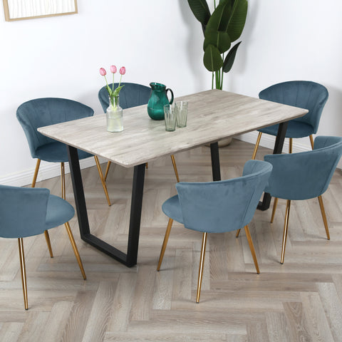 Mill Dining Set - Wood-Effect Table with 6 Velvet Chairs