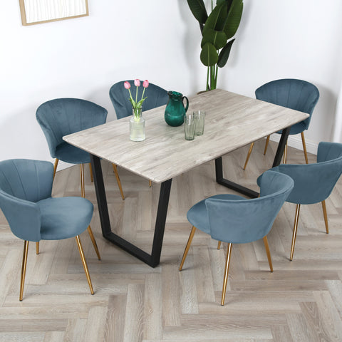 Mill Dining Set - Wood-Effect Table with 6 Velvet Chairs