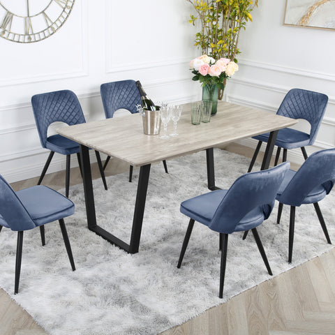 Metis Dining Set - Wood-Effect Table with 6 Velvet Chairs