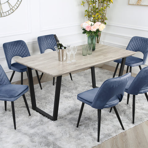 Metis Dining Set - Wood-Effect Table with 6 Velvet Chairs