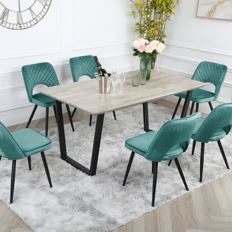 Metis Dining Set - Wood-Effect Table with 6 Velvet Chairs