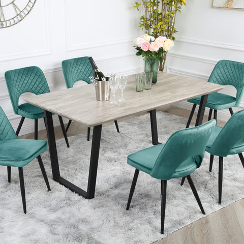 Metis Dining Set - Wood-Effect Table with 6 Velvet Chairs