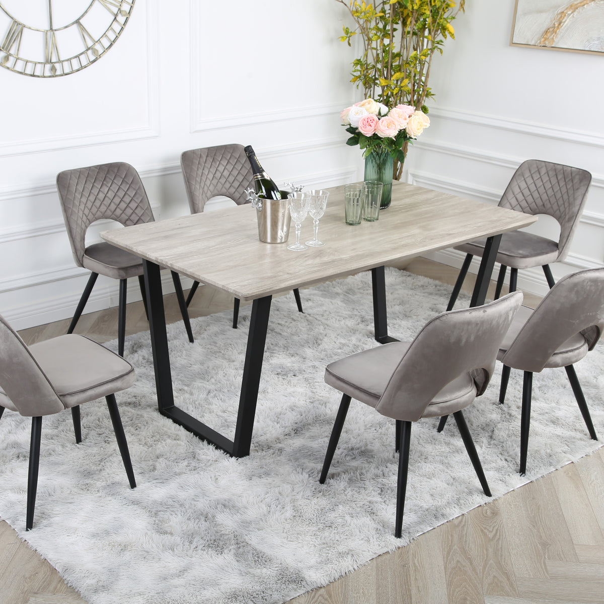 Metis Dining Set - Wood-Effect Table with 6 Velvet Chairs