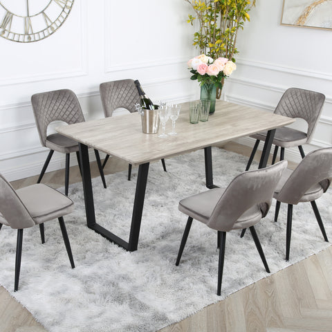 Metis Dining Set - Wood-Effect Table with 6 Velvet Chairs