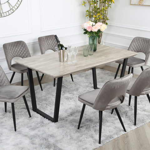 Metis Dining Set - Wood-Effect Table with 6 Velvet Chairs