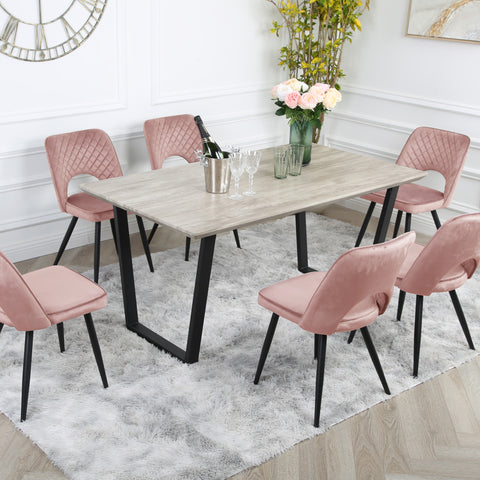 Metis Dining Set - Wood-Effect Table with 6 Velvet Chairs