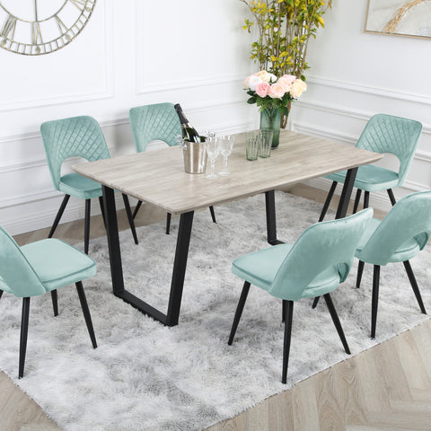 Metis Dining Set - Wood-Effect Table with 6 Velvet Chairs