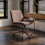 A modern office chair with a ribbed mauve-brown upholstered seat and back, mounted on a black five-star wheeled base, positioned in a home office next to a wooden desk.