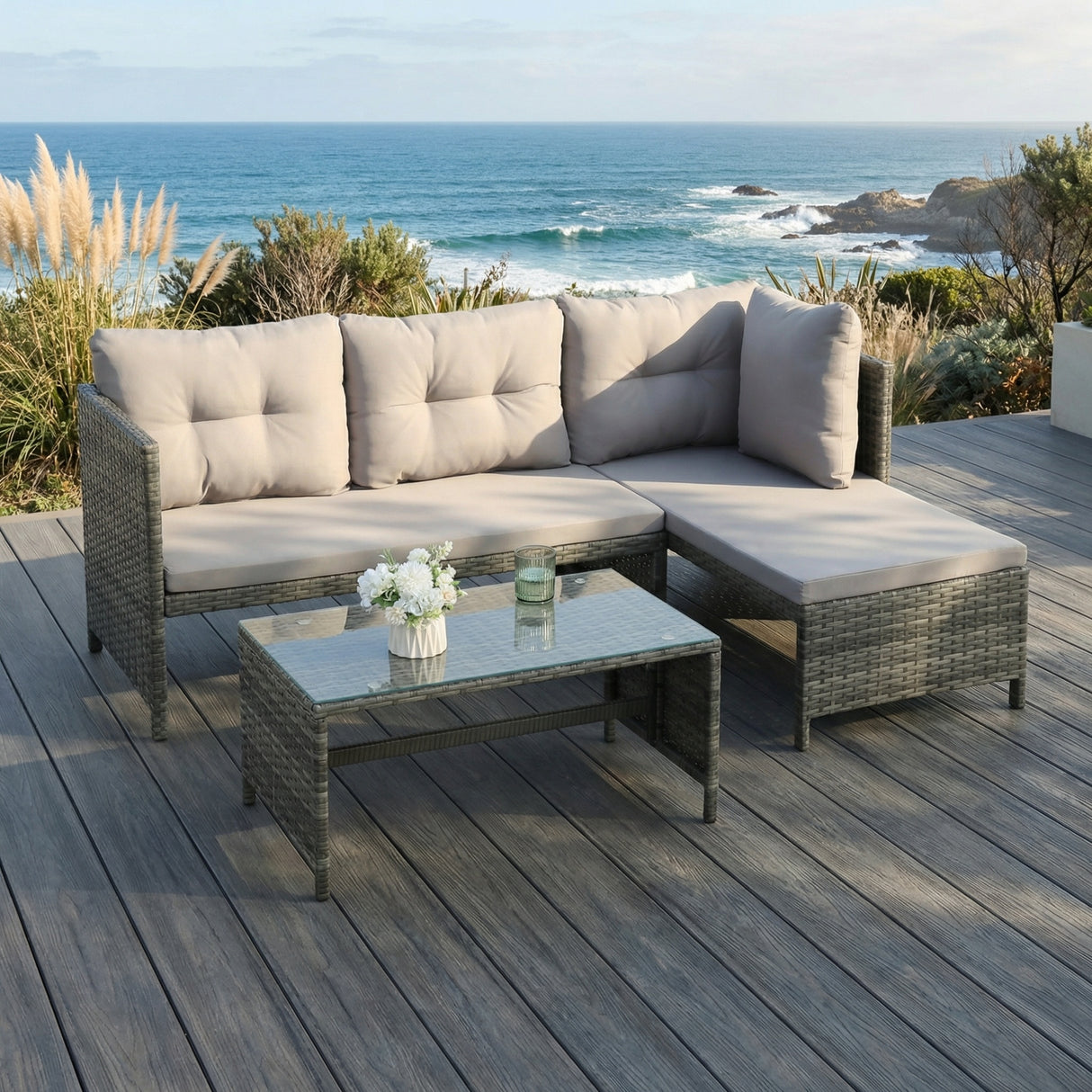 Bude - Rattan Corner Garden Sofa Set with Coffee Table - Grey
