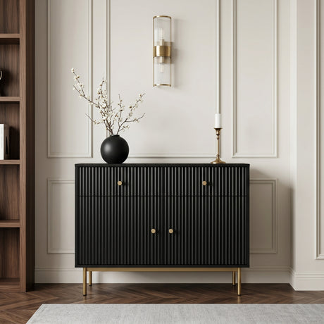 Black Devon cabinet with fluted doors, gold handles and slim gold legs, styled with a vase and candle in an elegant living space.