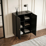 Black Devon Highboard Storage Cabinet with Doors shown open and styled with shoes in a modern hallway.