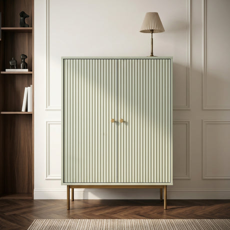 Sage Devon Highboard Storage Cabinet with Doors styled with decorative accessories in a modern hallway.