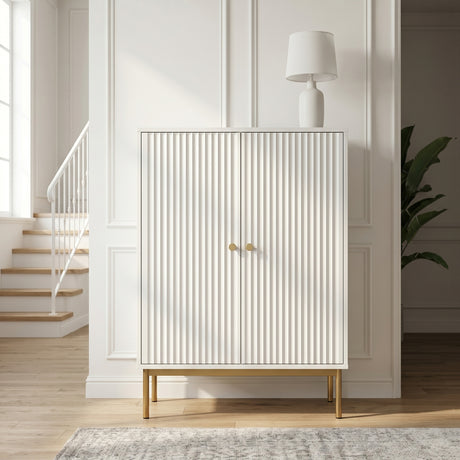 White Devon Highboard Storage Cabinet with Doors styled with decorative accessories in a modern hallway.