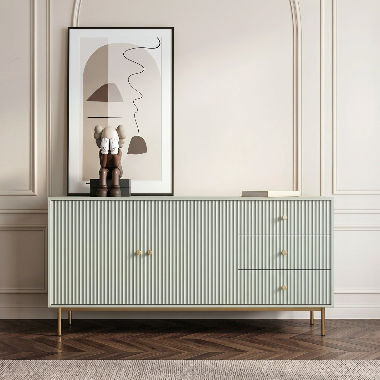 Sage Devon Large Sideboard Cabinet with Storage styled with decorative accessories.