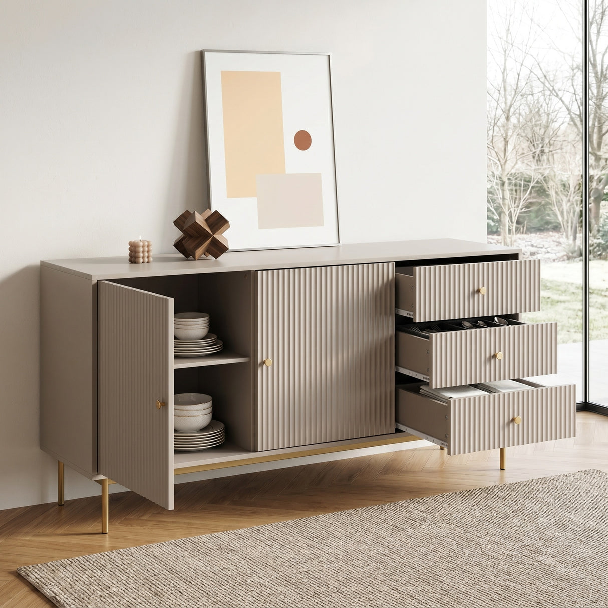 Beige Devon Large Sideboard with fluted doors and drawers open, gold handles and legs