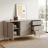 Beige Devon Large Sideboard with fluted doors and drawers open, gold handles and legs