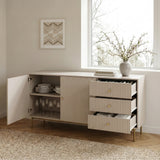 White Devon Large Sideboard with fluted doors and drawers open, gold handles and legs
