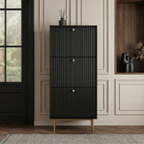 Black Shoe Cabinet with three fluted compartments, gold handles and slim gold legs, styled in a modern hallway.