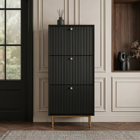 Black Shoe Cabinet with three fluted compartments, gold handles and slim gold legs, styled in a modern hallway.
