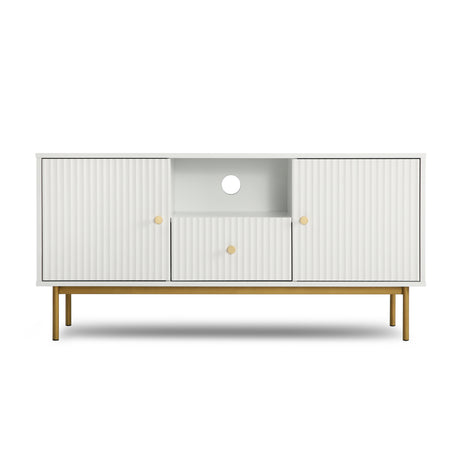 Front view of the white Devon TV Stand with fluted doors, central shelf and gold legs.